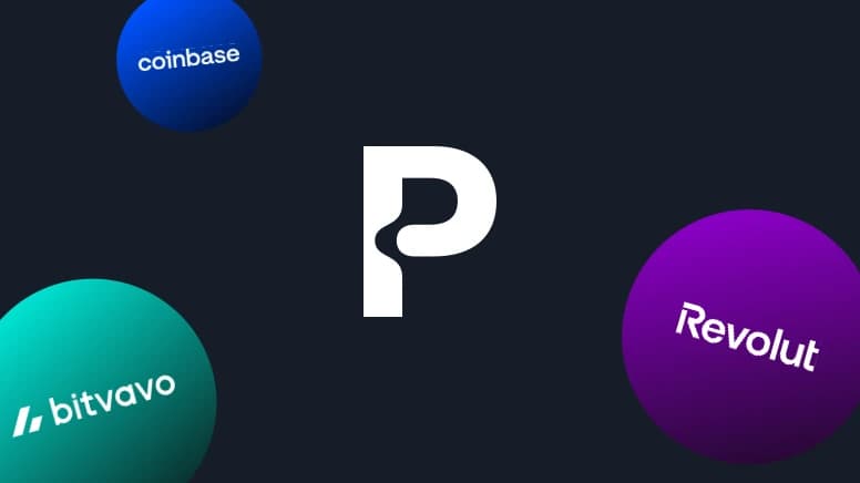 Logos of Coinbase, Revolut, and Bitvavo representing market listings